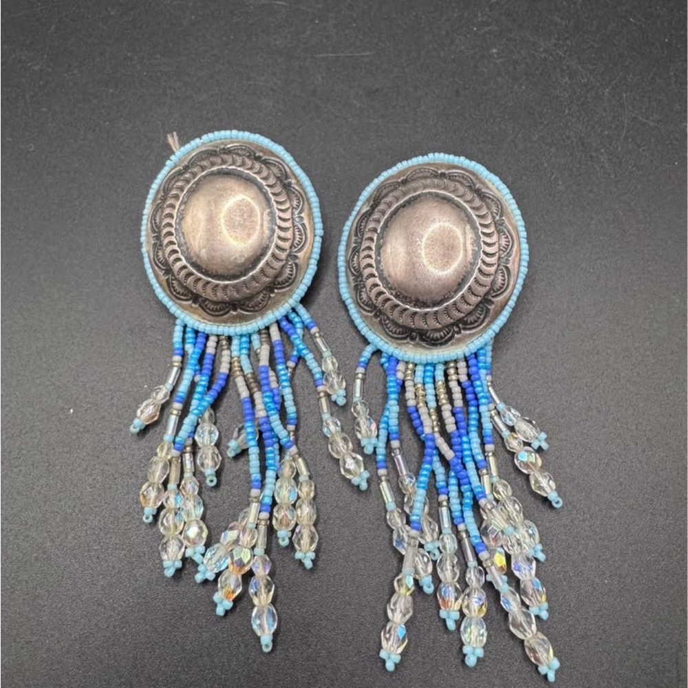 NATIVE AMERICAN STERLING Silver 925  Blue BEADED TASSLE EARRINGS Leather